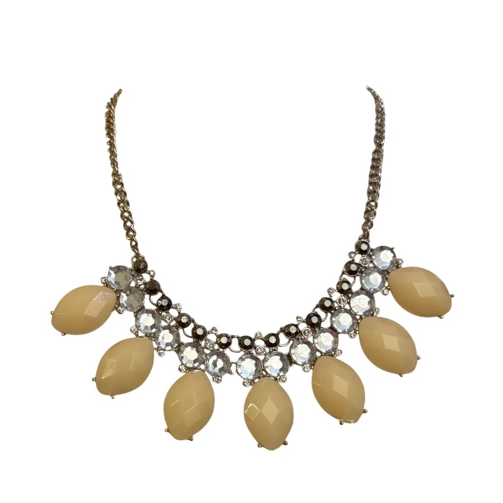 Gold Tone Cream Marquise Stone Rhinestone Statement Bib Necklace 20 Inch